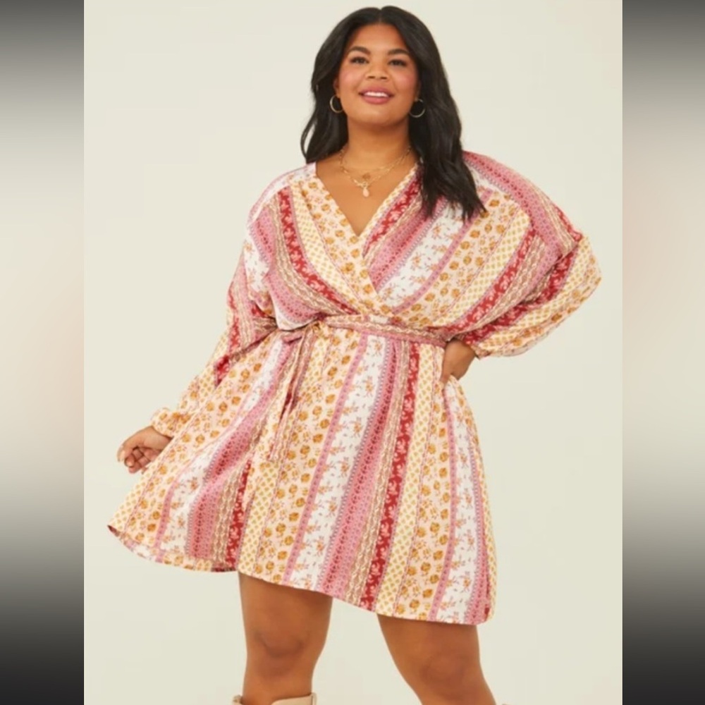 ARULA Pink and Gold Floral Stripe Midi Dress